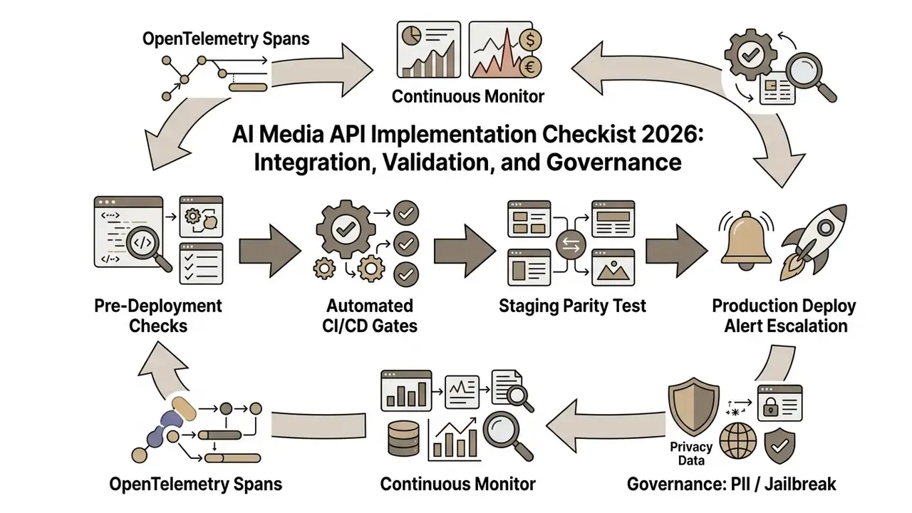 Circular lifecycle diagram showing stages from pre-deployment checks to production monitoring and governance