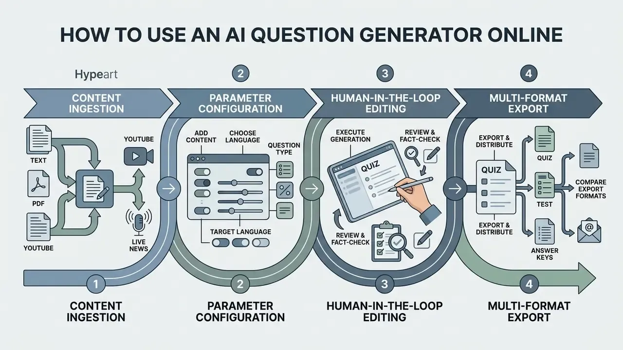 Four stage workflow infographic detailing content ingestion, parameter settings, editing, and final export