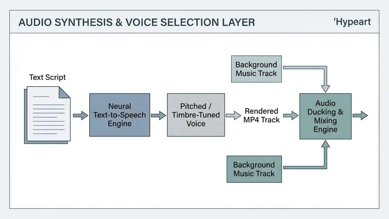 Process flow showing text script conversion into voice and mixing with background music tracks