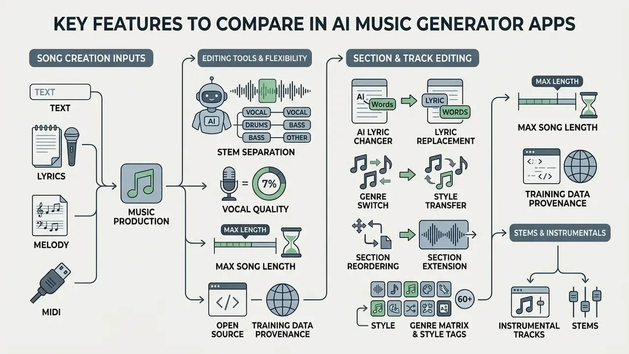 Diagram mapping production inputs, editing capabilities, and technical criteria for musical software