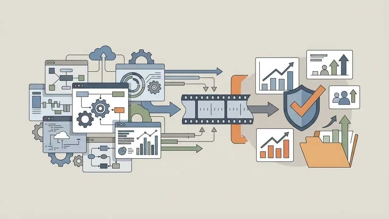 Workflow showing software integration processes flowing into a film strip and resulting in growth metrics