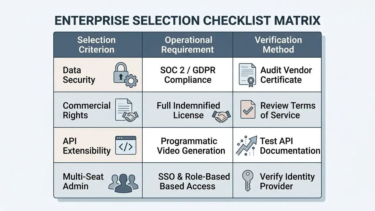 Matrix table outlining enterprise selection criteria, operational requirements, and verification methods