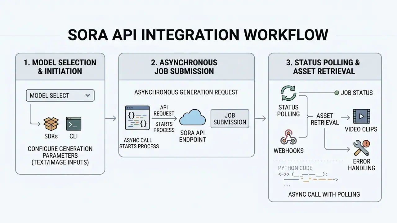 Three-step process for Sora API integration showing model selection, job submission, and asset retrieval