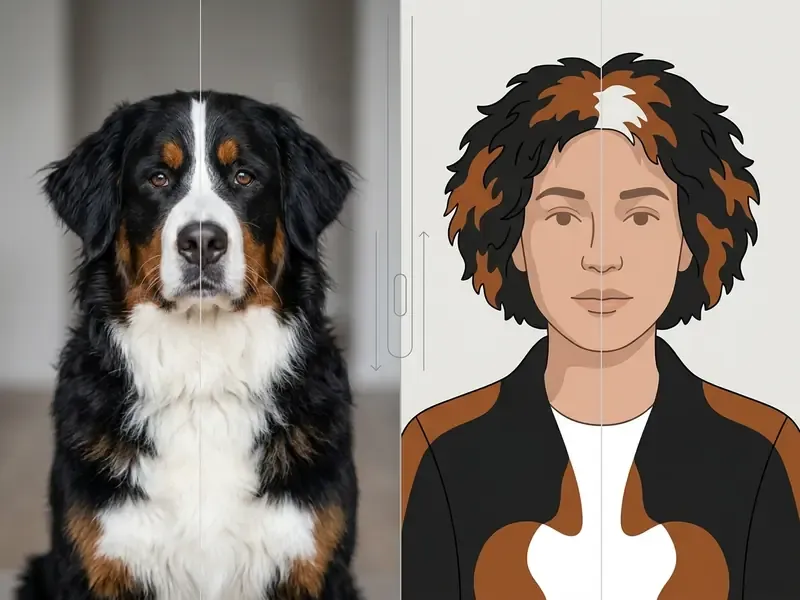 Interactive slider comparing a Bernese Mountain Dog photo to a stylized human portrait with matching colors
