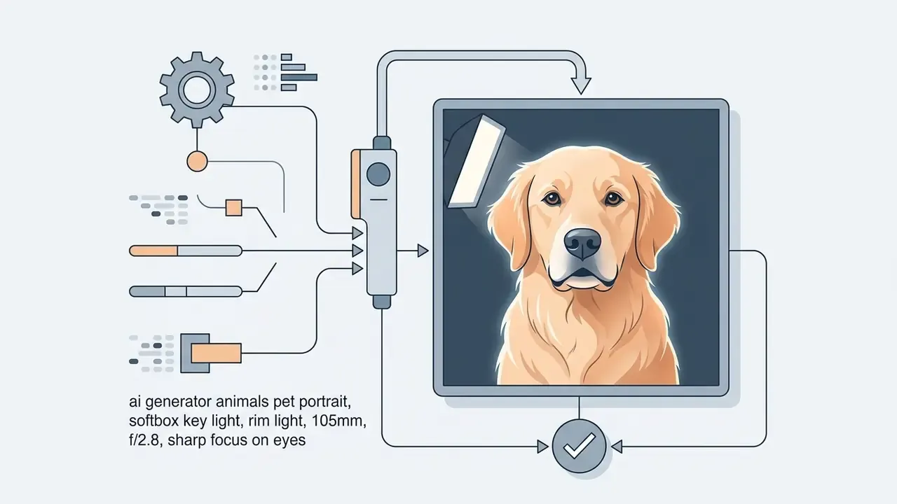 Golden retriever portrait generated from a text prompt using studio lighting and camera settings