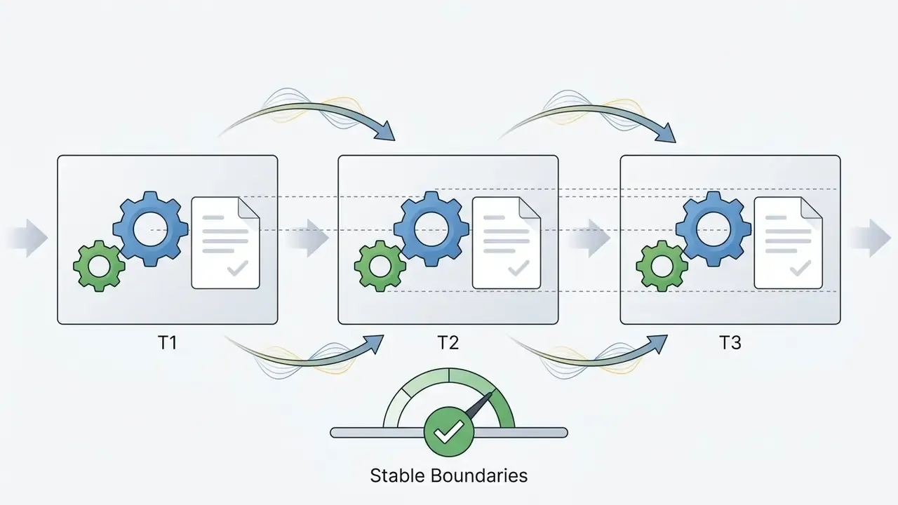 Three sequential frames showing consistent gear and document icons to represent stable video boundaries