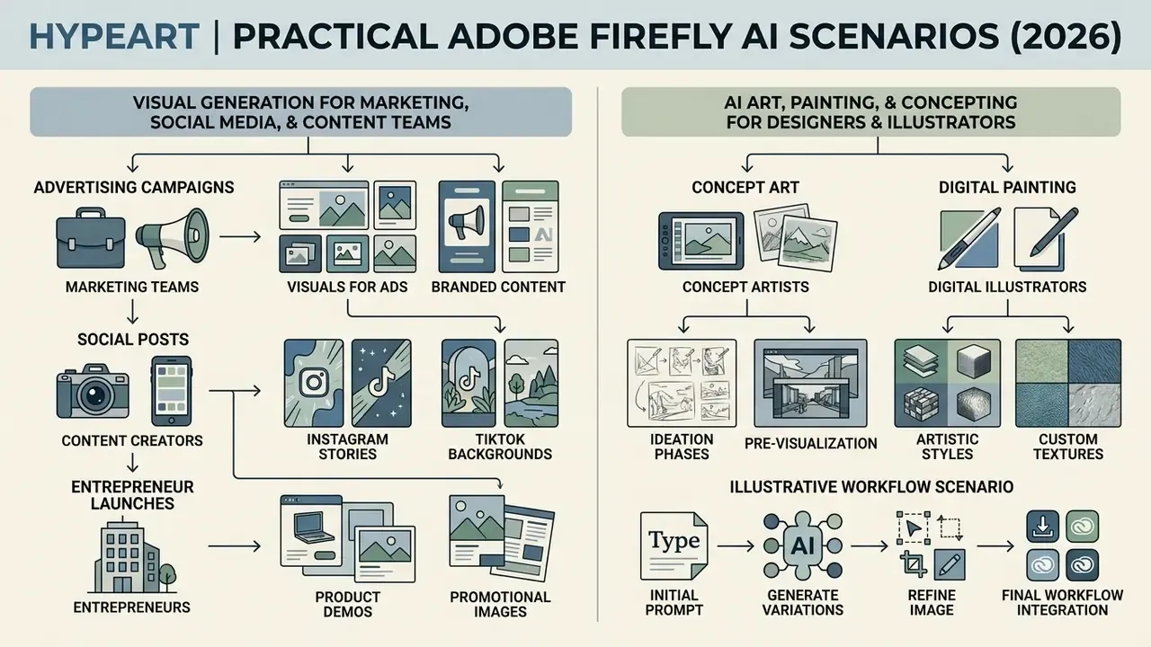 Split infographic showing marketing and design workflows for content creators and digital illustrators
