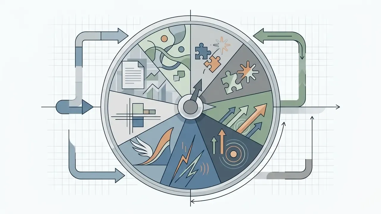 Circular dial divided into segments showing icons for data, puzzles, and arrows indicating various tones