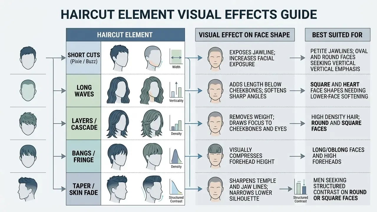 Chart detailing how specific haircut styles visually alter face shapes and suit different profiles