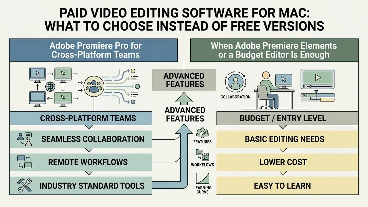 Comparison infographic showing professional video editor for Mac workflows versus budget-friendly alternatives