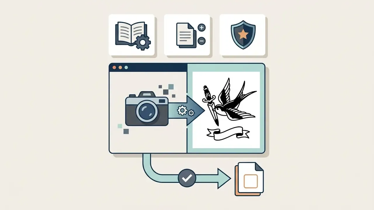 Camera icon processing a swallow and dagger tattoo design into a stenciled file export
