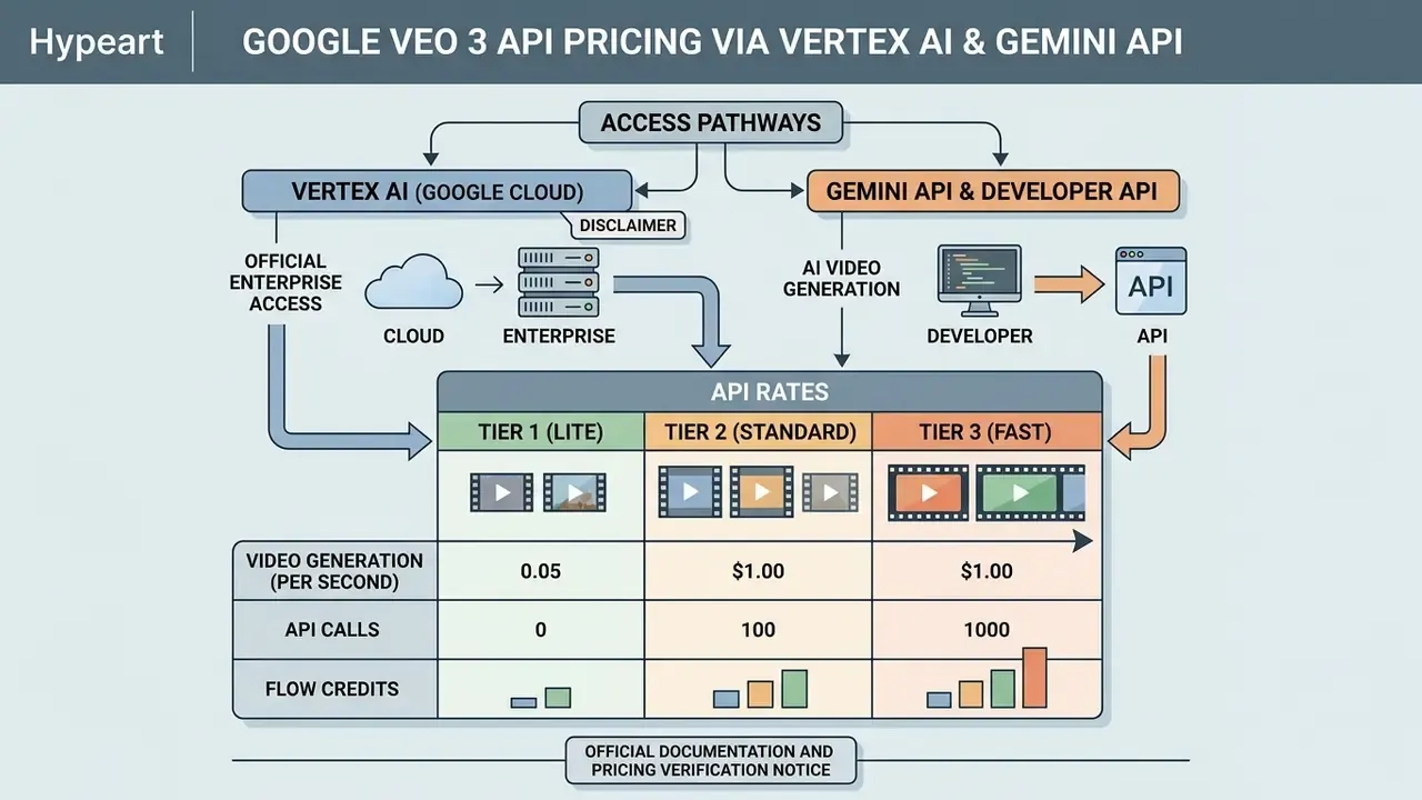 Flowchart outlining Google Veo 3 API pricing tiers based on Vertex AI and Gemini API access pathways