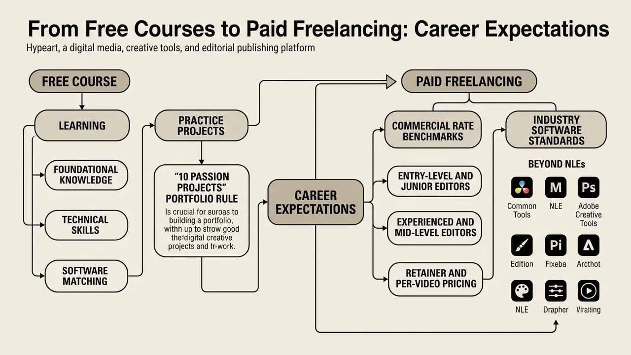 Infographic mapping the path from free video editing course learning to paid freelance career expectations