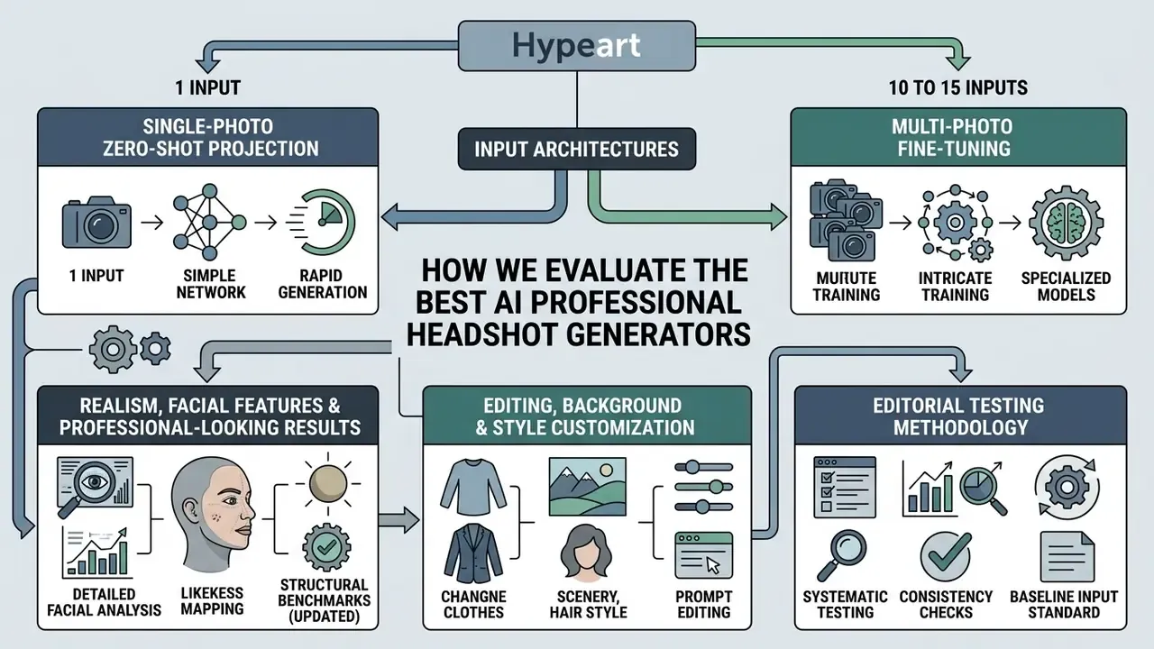 Flowchart detailing the evaluation criteria for the best AI professional headshot generator