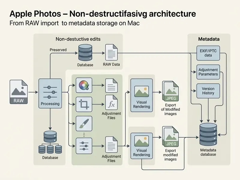 Diagram showing the non-destructive image editing workflow from RAW import to metadata storage