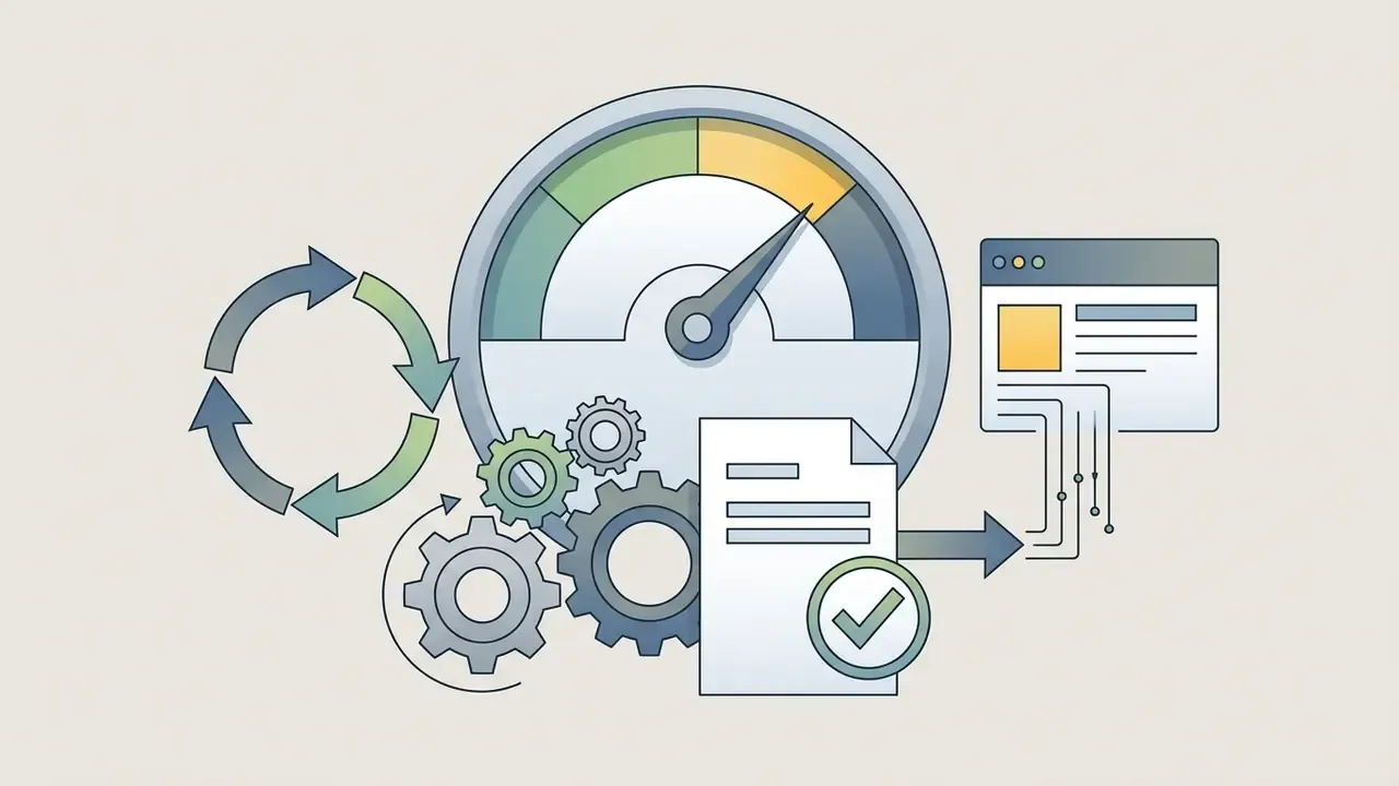 Speedometer gauge with gears and a document icon connected to a browser window for technical review