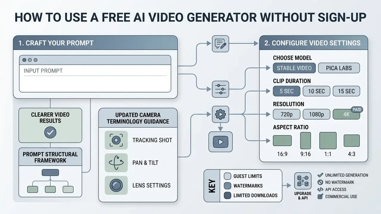 Infographic outlining steps to craft prompts and configure settings for a free AI video generator