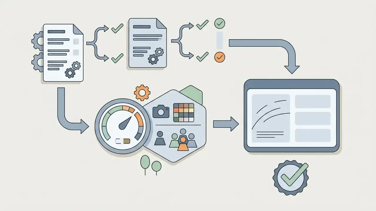 Process steps connecting document analysis and speed metrics to community presets on a tablet