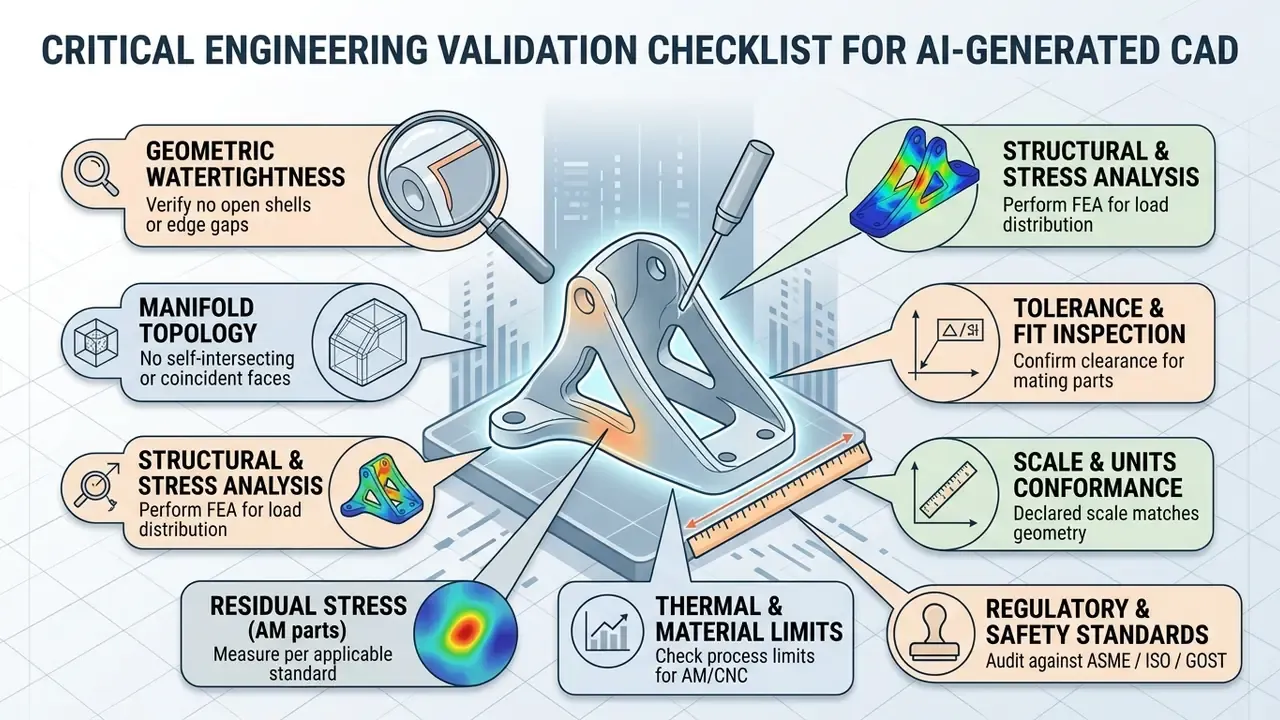Checklist of engineering validation steps for mechanical parts with icons for stress and tolerance analysis
