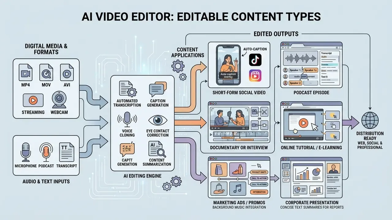 Architecture diagram of an ai video editor processing footage and text into vertical clips.