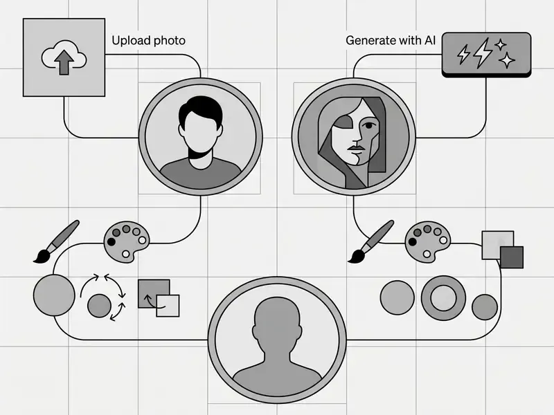 Flowchart showing paths to create a profile picture by uploading a photo or using AI generation