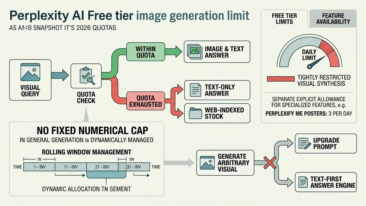 Flowchart illustrating how Perplexity AI manages dynamic visual generation quotas for free tier users