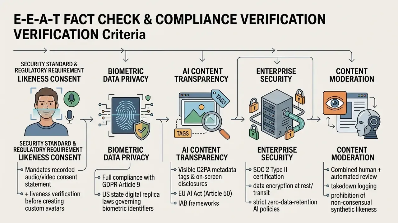 Process diagram outlining compliance steps for biometric privacy, content transparency, and data security