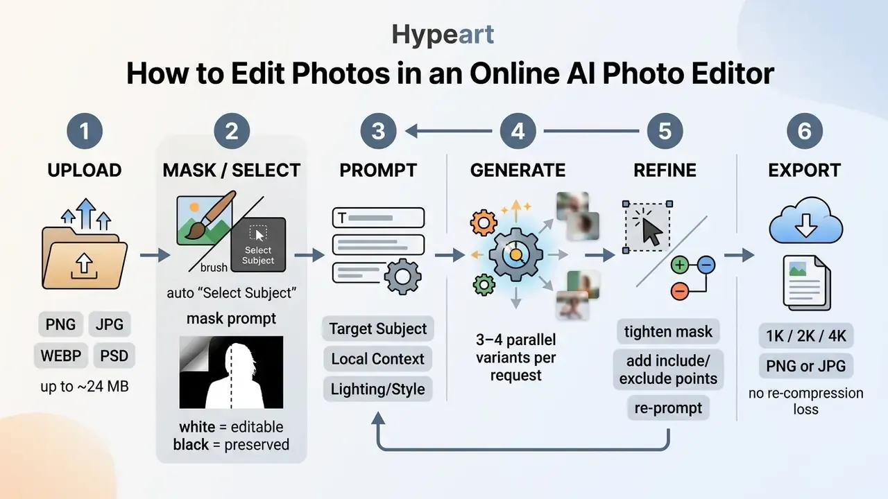 Six-step workflow diagram showing the process from file upload and masking to generation and export
