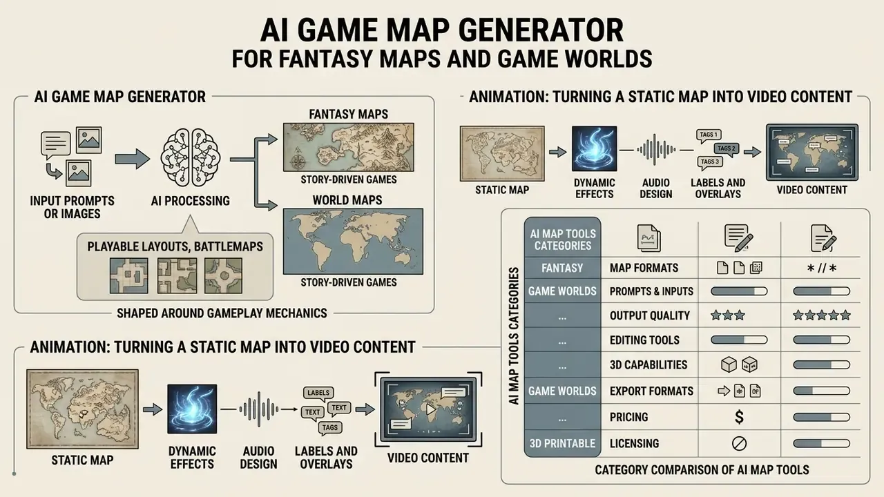 Infographic detailing map creation workflows, animation steps, and a comparison matrix of tool features