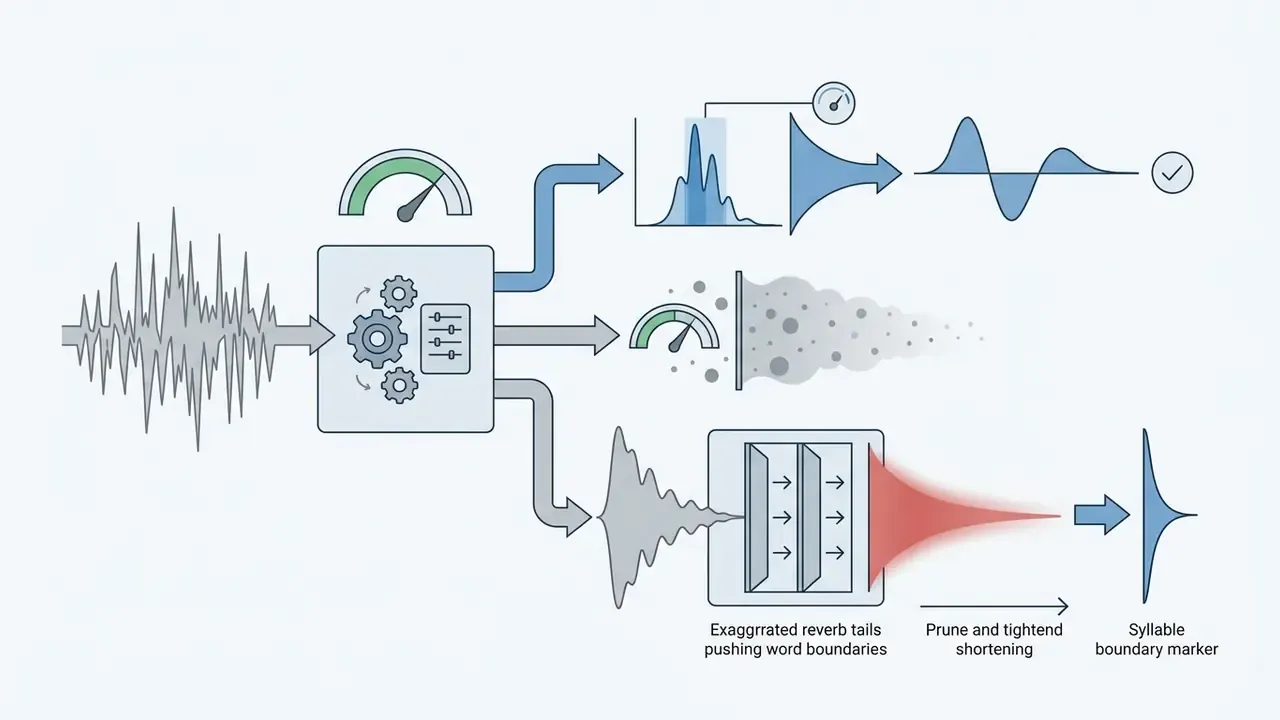Diagram showing audio waveform processing that prunes and shortens reverb tails to define syllable boundaries