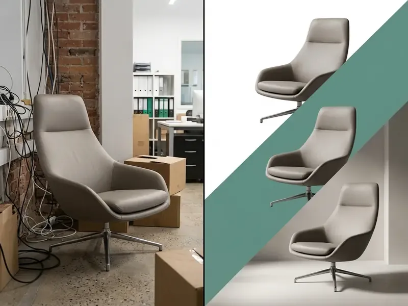 Split view showing a chair in a cluttered office versus the isolated chair on clean studio backgrounds