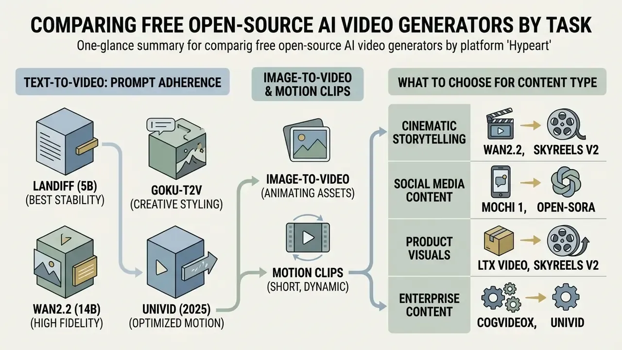 Infographic mapping open source AI video generator models to specific tasks and content types