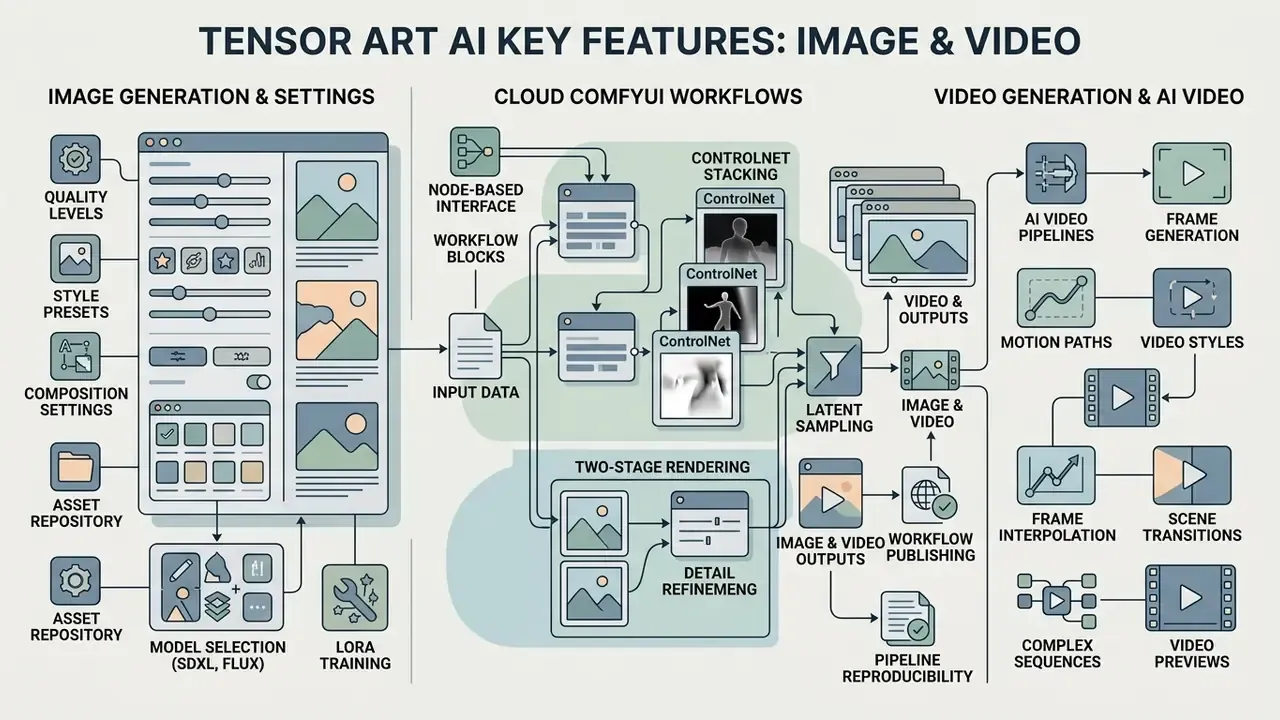 Diagram detailing image generation settings, node-based ComfyUI workflows, and video creation pipelines