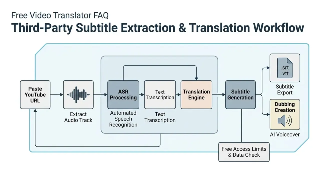 Flowchart showing the sequence from pasting a YouTube URL to ASR processing and final subtitle export
