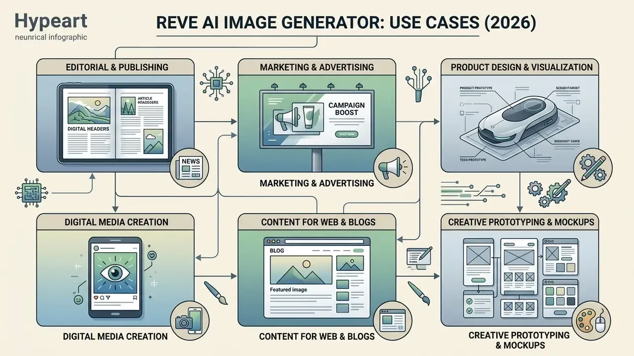 Flowchart displaying various professional applications for the Reve AI image generator