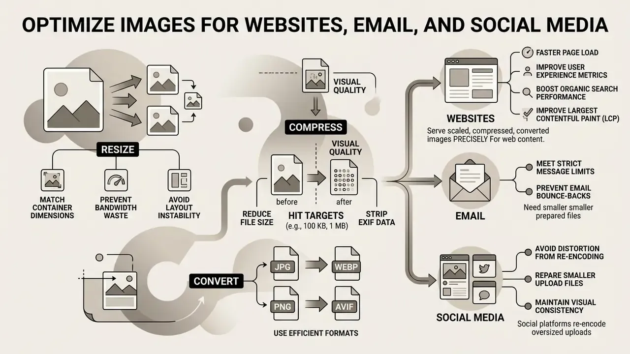 Diagram showing how to resize, compress, and convert files to make an image file size smaller