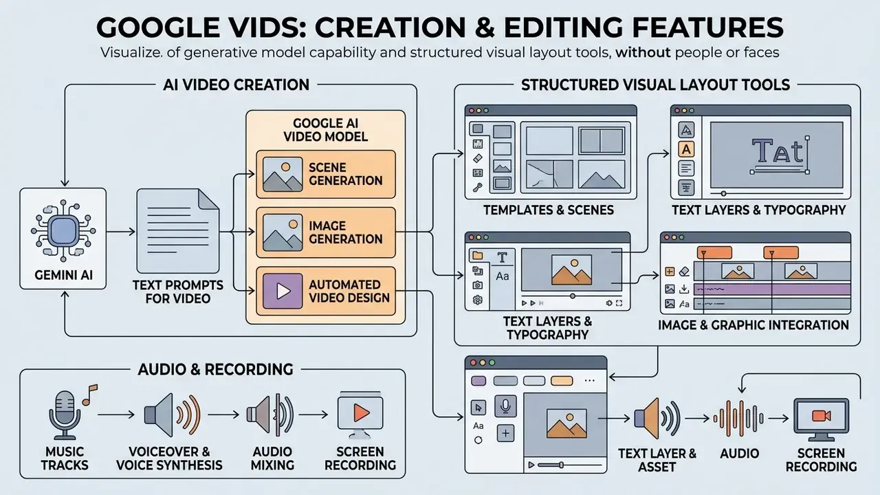 Diagram showing how Google Vids uses Gemini AI and visual layout tools to create and edit video projects