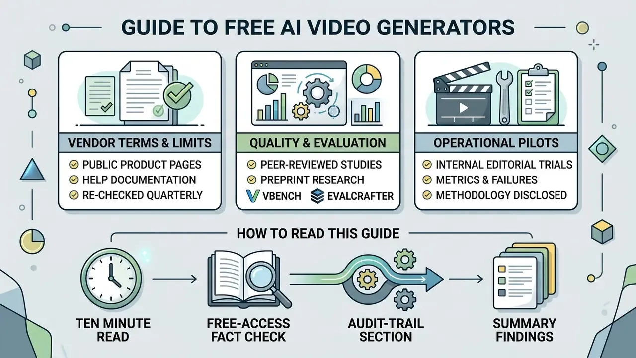 Infographic outlining the methodology and reading process for a guide to free AI video generators