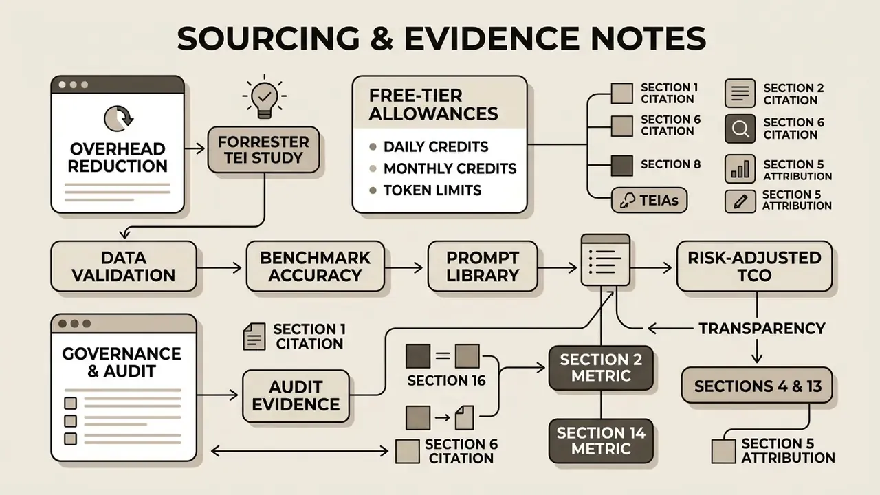 Flowchart mapping documentation citations, free-tier allowances, and metrics for software development