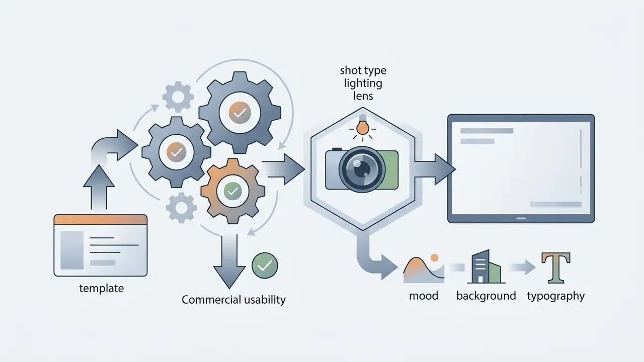 Interconnected gears and camera icons showing how templates and creative parameters transform into visual output