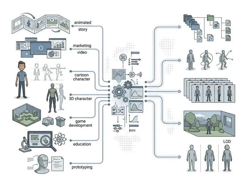 Matrix showing how diverse creative inputs are processed by a central system into specific output formats