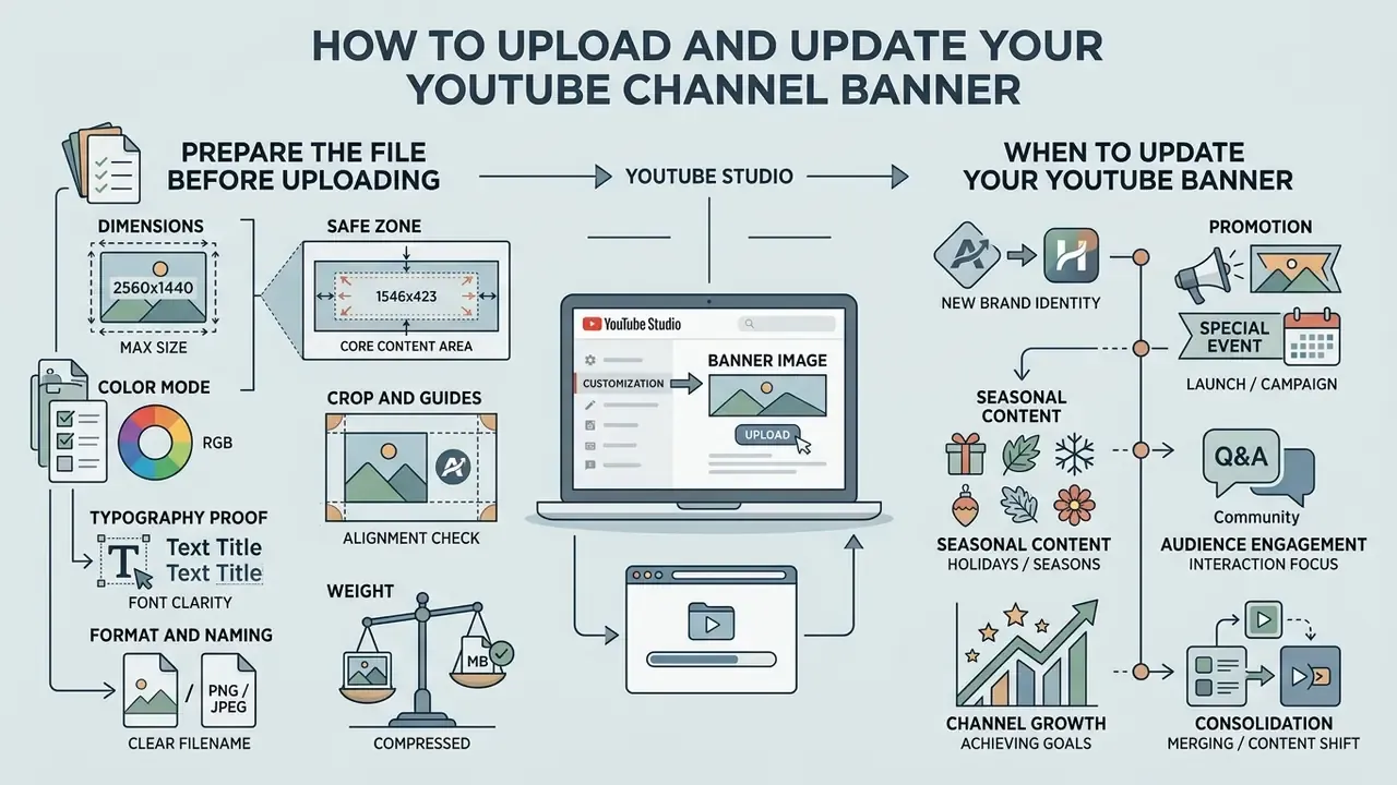 Visual guide outlining file preparation steps and common scenarios for updating a YouTube channel banner