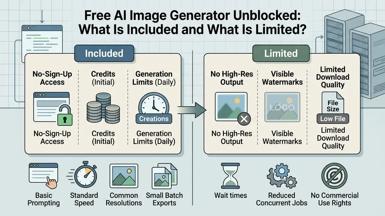 Comparison table contrasting the features and restrictions of free web-based image generation services