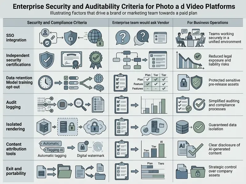 Table detailing enterprise security criteria with icons for compliance, vendor questions, and business outcomes