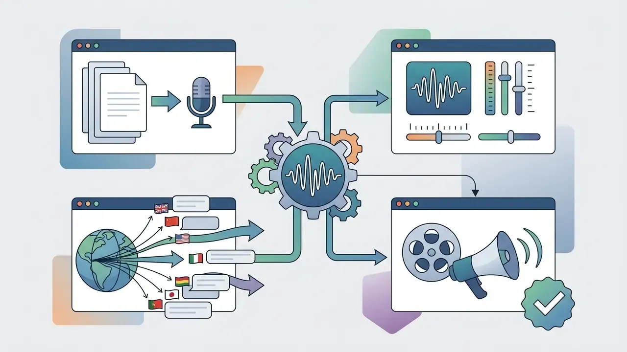 Central gear processing text and global language data into audio tracks and narrated video output