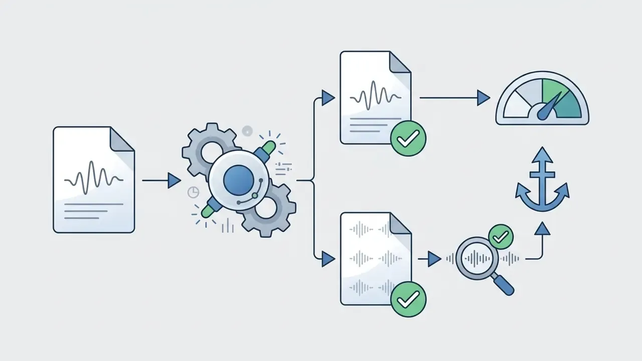Document processing workflow with gears, checkmarks, a gauge, and an anchor symbol for metadata tracking