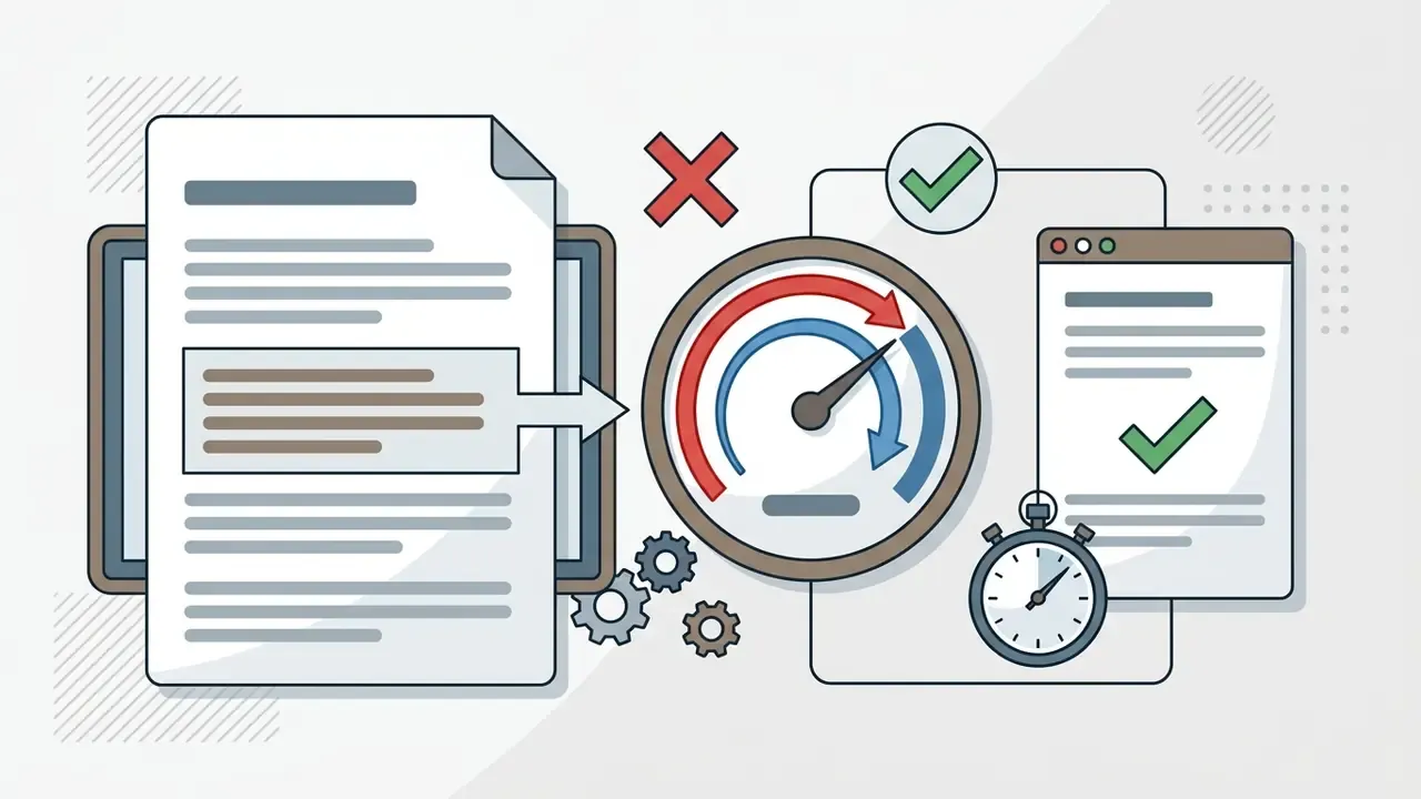 Document being processed through a speed gauge and stopwatch to reach a validated status