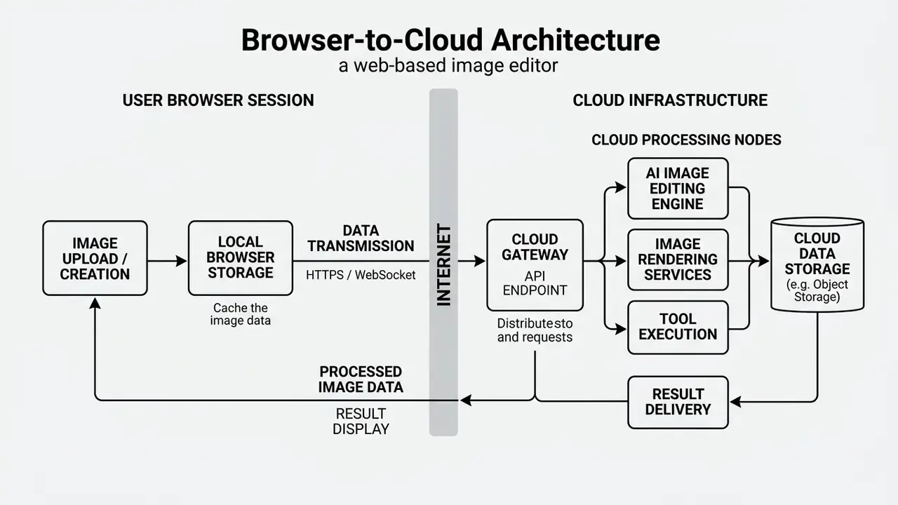 Flowchart depicting data transfer between local browser storage and Pixlr cloud processing infrastructure