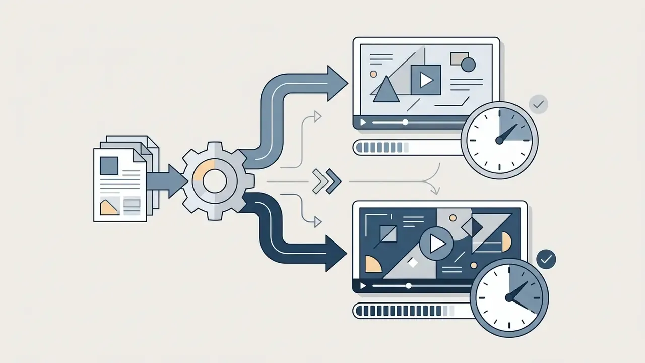 Document stack passing through a gear into two video timelines with different duration clock icons