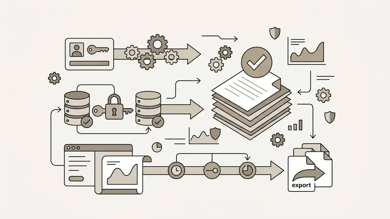 Icons of user credentials, locked databases, and document logs representing secure access and data export